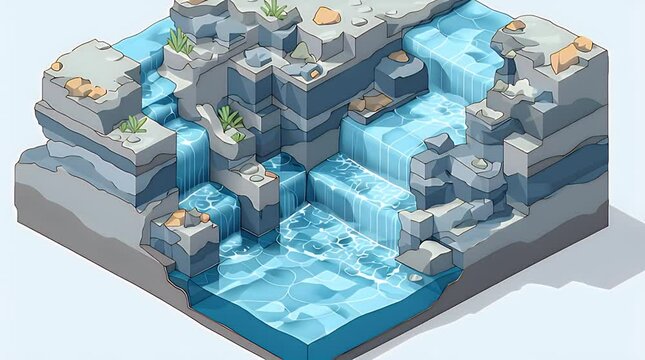 Isometric waterfall animation spritesheet on white background