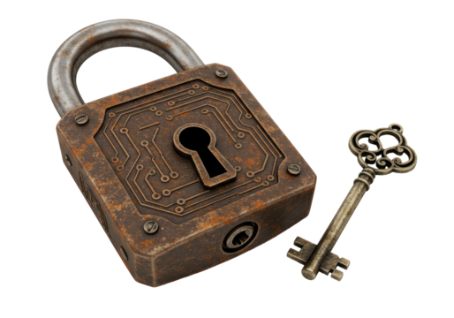 Isolated Antique Padlock Key Circuit Board Design