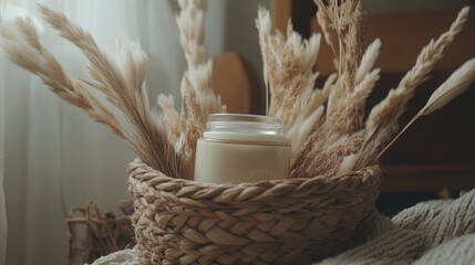 Creamy lotion jar resting inside a woven basket styled with nature-inspired props