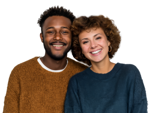 Young Inter-racial couple embracing and smiling, black man and Caucasian woman, isolated on white or transparent background