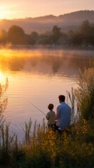 Father and son fishing at sunset near a tranquil lake in a peaceful natural setting