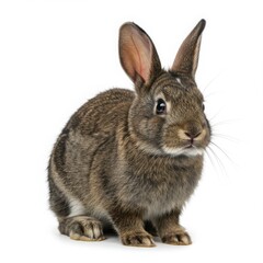 Obraz premium Brown rabbit with long ears and soft fur, sitting gracefully on a white background, showcasing its adorable features and playful demeanor in a captivating pose