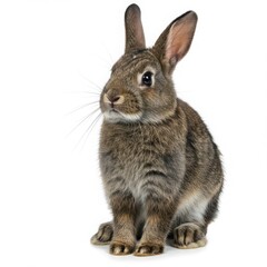 Fototapeta premium Cute brown rabbit sitting upright, showcasing its soft fur and large ears, in a neutral setting, highlighting the charm and personality of this adorable animal