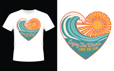 Heart shaped wave and sun t shirt design Vector illustration
