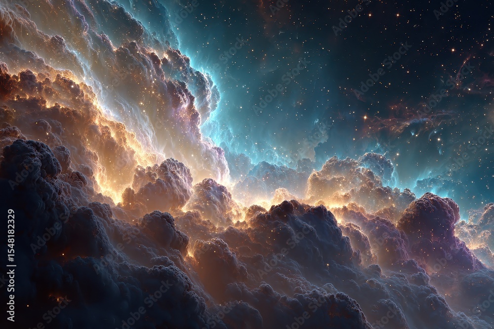 Poster enormous nebulous celestial bodies illuminated by starlight display vast cosmic formations and creat