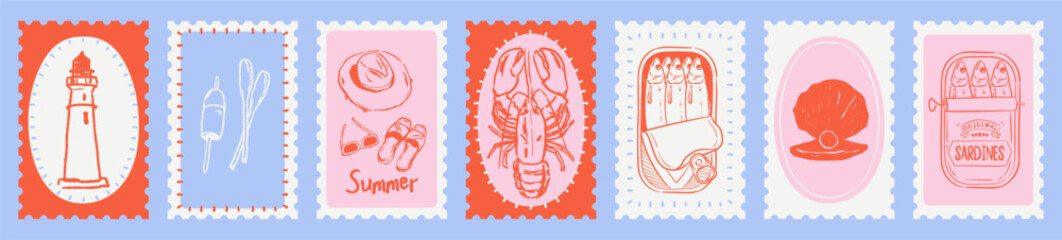 Summer coastal stamps set with seafood, beach accessories, coastal icons, marine symbols. Linear sketch illustrations in colourful colors. Postcard perfect for travel, sea vacation decoration.