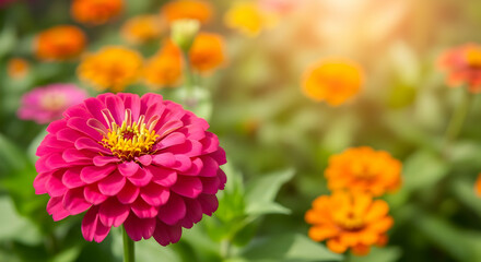 Radiant Zinnia Blooms Under Warm Sunlight In Idyllic Garden Setting