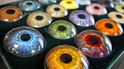 Fototapeta premium Glass eyes arranged in a row on a velvet display tray, each showing unique colors