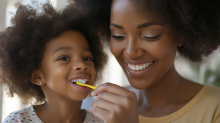Warm moment of African American mother helping daughter brush her teeth in a cozy home environment