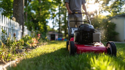 Fototapeta premium A person pushing a red gas-powered lawn mower across a lush green backyard, grass clippings flying slightly, with bright sunlight casting shadows from trees and a white picket fence in the background.