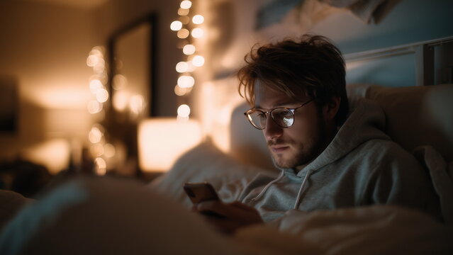 A nighttime bedroom scene showing someone scrolling on their phone while sitting up against a headboard, ambient screen light bouncing off their glasses.