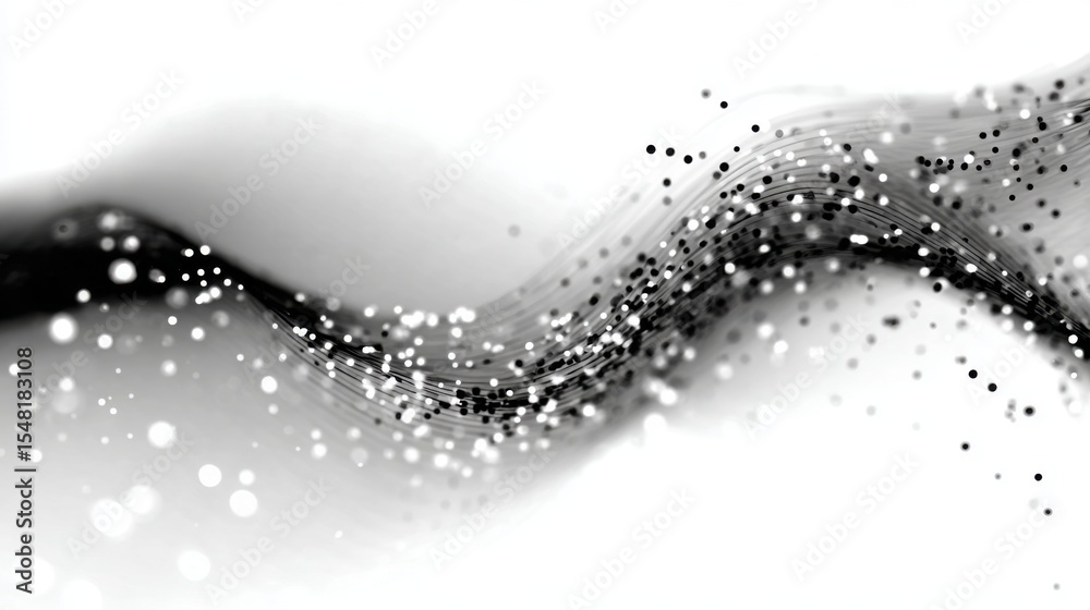 Poster intricate black and white patterns flow in a wave-like design, combining lines and dots to create a 