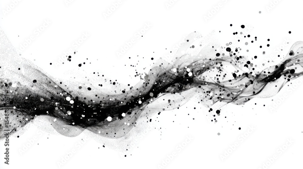 Poster swirling forms in black and white create a dynamic visual effect, with scattered particles that evok