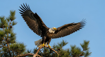 Obraz premium Majestic Bald Eagle Ready to Launch from Tree Branch with Open Wings
