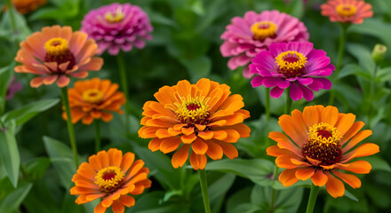 Zinnias Blooming Delightfully Displaying a Vibrant Mix of Colors in Summer