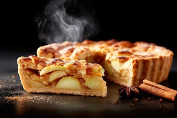 Delicious apple pie with golden crust and steam rising, showcasing fresh apple slices