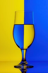 glass of water, showing example of refraction with blue and yellow backdrop