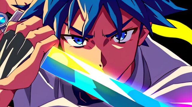 Anime guy with blue hair holding a sword and looking at the camera