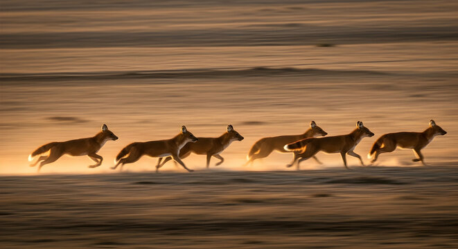 Golden Pursuit A Pack Of Maned Wolves Run Underneath A Warm Hazy Sky