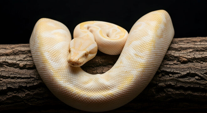 Elegant Albino Ball Python Coiled on Wood Branch Against Dark Background