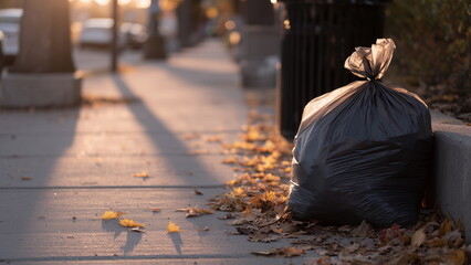 A full black garbage bag tied at the top, placed on a concrete sidewalk next to a curbside bin, with early morning light casting long shadows and a few scattered leaves nearby.