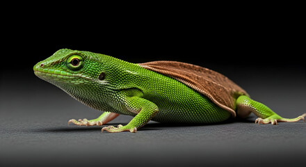 Obraz premium Fantastic Green Lizard With Brown Wing Looking Right on Black Background