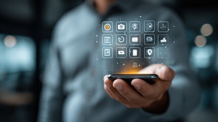Man interacts with advanced technology, accessing digital data through a futuristic user interface, using finger to select options on a transparent screen