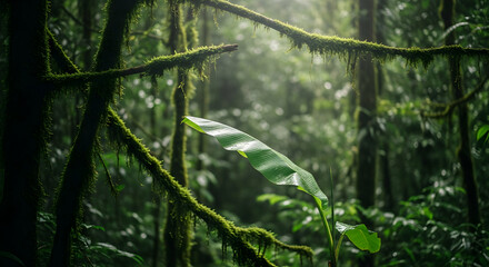 Lush Tropical Forest Canopy Enshrouded in Mist with Banana Leaf in Focus