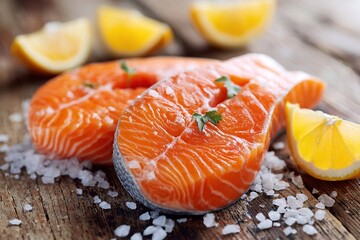 Salmon steaks with vibrant orange color and fresh lemon slices on wooden surface