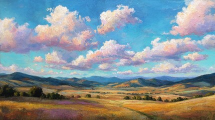Fototapeta premium A picturesque view of expansive fields and rolling hills, featuring vibrant clouds and a bright blue sky in the afternoon sunlight, capturing the tranquility of nature.