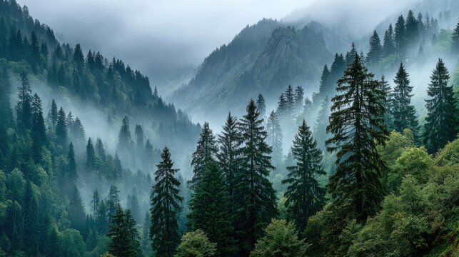 A breathtaking view of majestic mountains shrouded in mist and fog at dawn, surrounded by vibrant, lush green pine trees and a serene atmosphere.