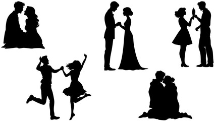 Stylish Silhouette Vector Set of Love Couples - Dancing, Jumping and Romantic Activities