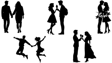 Stylish Silhouette Vector Set of Love Couples - Jumping, Toasting and Romantic Activities