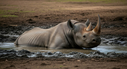 Obraz premium Black Rhino Cooling Off in Muddy Water During Hot Day