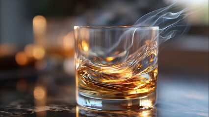 A slow-motion style image of whiskey swirling inside a round tumbler, with smooth ripples and light refractions, set against a dark background with a hint of cigar smoke in the air.