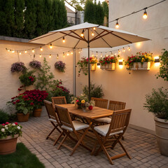 Fototapeta premium Charming home patio garden scene with a rectangular wooden table set under a shade umbrella