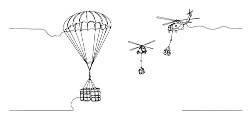 military helicopters delivering supplies – outline war scene