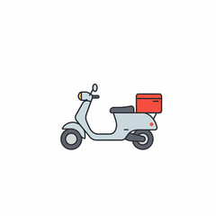 Scooter with red delivery box. Motorcycle isolated. Fast food or groceries transport. Courier service icon. Online order concept for app and website design.