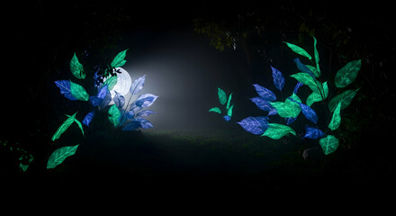 Glowing Floral Display With Leaf Sculptures In An Atmospheric Night Setting