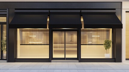Minimalistic storefront with clean black sign panel on smooth concrete wall