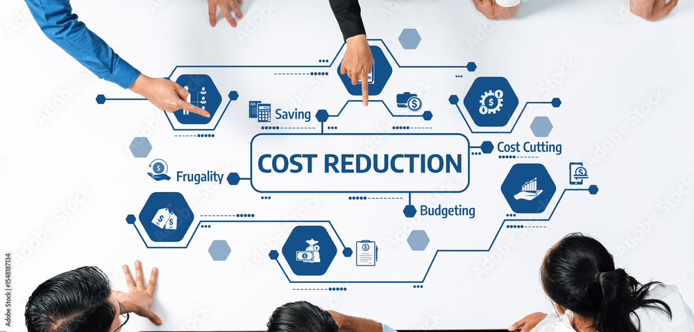 Aufkleber explore effective cost reduction strategies with visuals highlighting budgeting, savings, frugality,