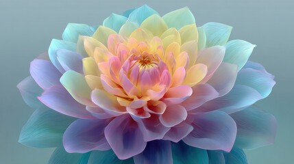 Obraz premium A vibrant lotus flower displays soft pastel colors, captivating attention in a calming, minimalist environment. The petals gracefully blend shades of pink, blue, and yellow.