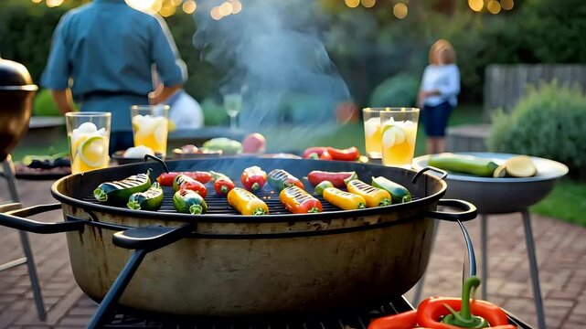 Outdoor Barbecue Grill with Colorful Vegetables and Skewers Cooking Beside Refreshing Lemonade and Peppers