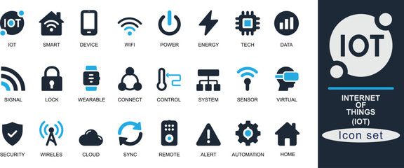 Modern solid IoT icon set. Featuring smart devices, cloud, automation, wireless control, sensor, and data sync. Perfect for UI, UX, app, dashboard, and smart home projects.