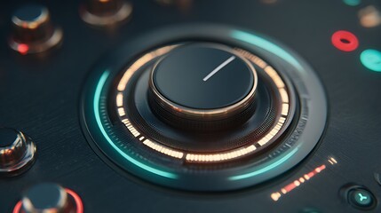 Close-up of circular control interface with neon buttons and rotating dial, sci-fi user interaction design .