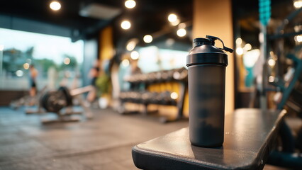 A brightly lit gym scene showing a dark colour plastic shaker-style sports water bottle on a bench next to a dumbbell rack.