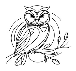 owl sitting on branch – decorative monoline bird sketch