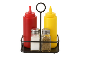 Condiment caddy holding ketchup, mustard, salt, and pepper on transparent background
