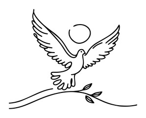 Obraz premium dove flying with sun – peace and faith monoline icon