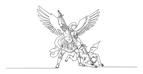 archangel michael fighting demon – dynamic monoline composition